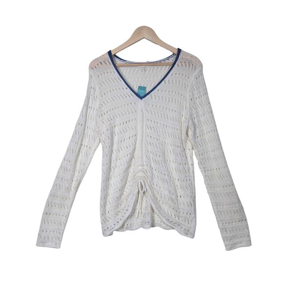 Maurices Open Work Knit Sweater sz L Ivory Blue Ruched Cinch Tie V Neck NEW - Picture 1 of 14